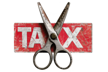 Rusty scissors cutting through a red tax sign perfect for design work on transparent background