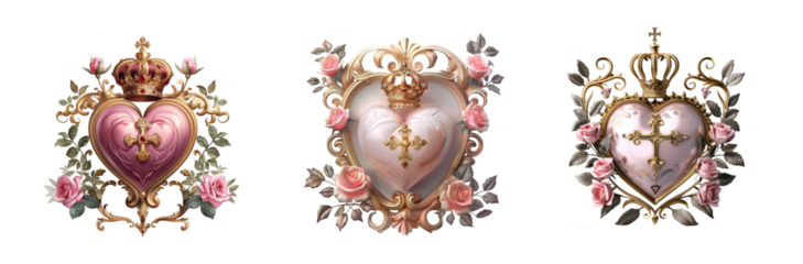 Three ornate heart and crown emblems with pink roses perfect for design use on transparent background