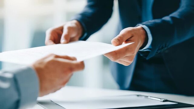 A close up of two people handing over a document, representing business agreement and teamwork. The image captures a professional atmosphere and the importance of formal paperwork in business