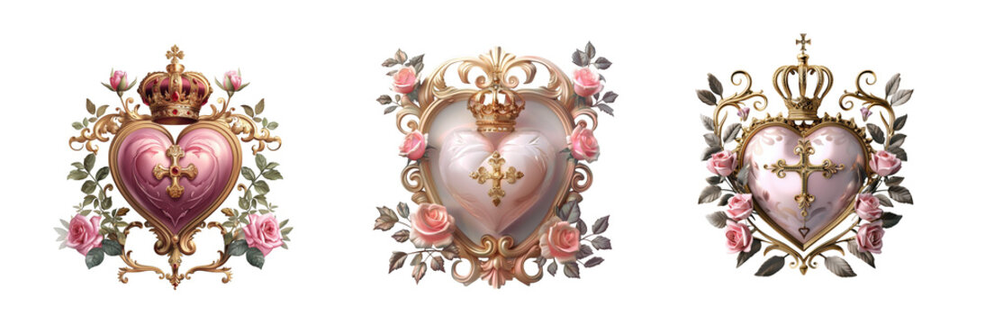 Three ornate heart and crown emblems with pink roses perfect for design use on transparent background