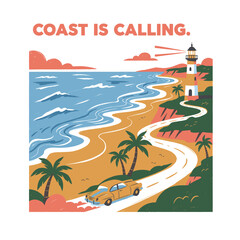 Coastal vibes artwork for t shirt, poster, sticker. Coast is calling typography design. Beach road trip vintage car illustration. Ocean lighthouse art