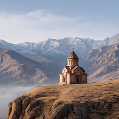 Cinematic view of ancient Armenian mountain temple on cliff at sunrise, warm sandstone stonework, misty valleys, distant snow-capped mountains, golden light, epic landscape realism.