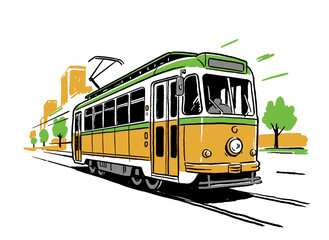 Vintage tram illustration design. Old streetcar vector artwork for transport theme. Urban travel sketch style. Great for t shirt print, poster, sticke