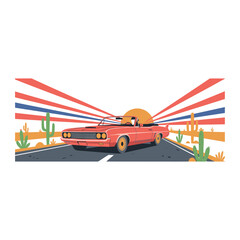 Fototapeta premium Sport car print design for t shirt print, poster, sticker, background and other uses. Fast wheels challenge. Classic convertible desert road trip illu