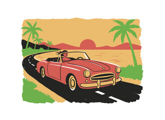 Sport car road trip design. Summer vacation travel graphics. Tropical sunset drive artwork. Vintage convertible car print for t shirt print, poster, s