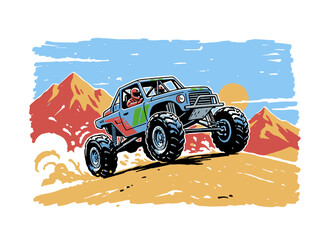 Extreme off road 4x4 racing truck illustration. Desert challenge artwork for t shirt print, poster, sticker, background and other uses. Dirt rally eve