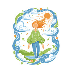 Woman enjoying nature illustration. Freedom happiness graphic design. Summer good vibes artwork. Design for t shirt print, poster, sticker, background