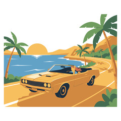 Classic car road trip artwork. Summer coastal drive design. Car print design for t shirt, poster, sticker, background and other uses.