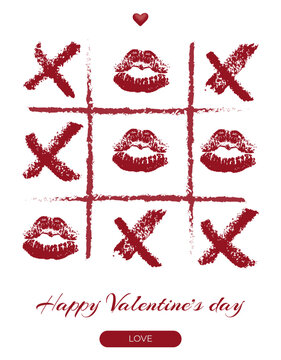 Creative Valentine's Day card design featuring a tic-tac-toe game with lip prints
with red lipstick. Isolated vector design
