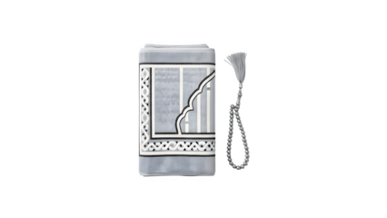 Folded gray prayer rug with tassel isolated on transparent background