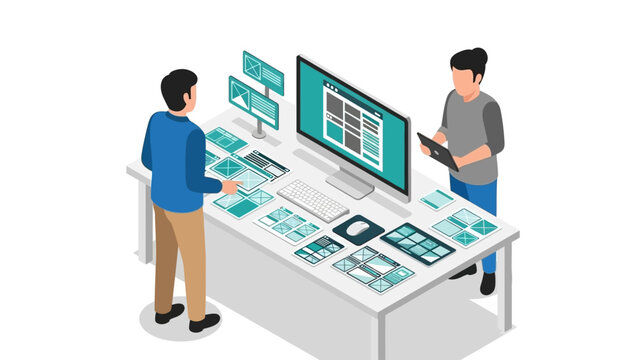 Isometric office scene with designers creating website wireframes on monitors