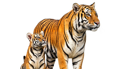 Fototapeta premium Tiger mother and cub standing together on a white background with copy space