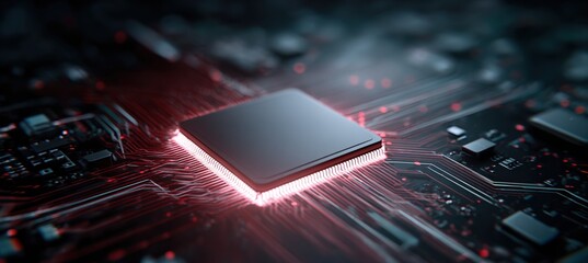 Futuristic Microchip with Glowing Core on Minimalist Circuit Background