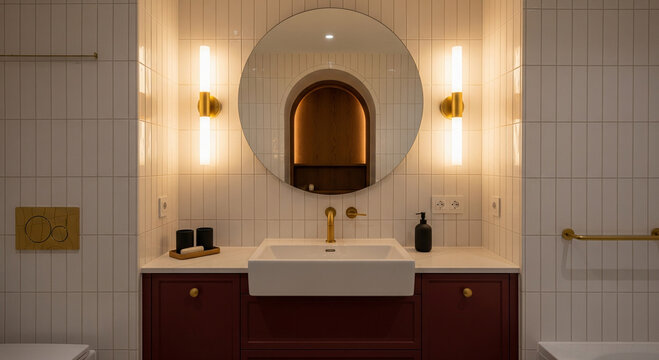 Modern bathroom interior with round mirror and gold fixtures, elegant vanity with white sink and burgundy cabinets, luxury washroom design