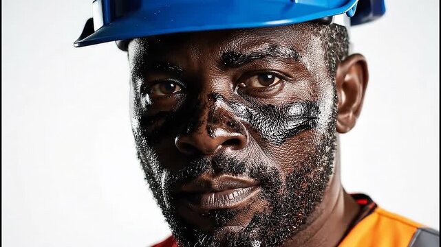 A close-up shot focuses on the face of a black male construction worker wearing a blue hard hat and an orange safety vest, his skin heavily smudged with dark mud and small white debris.