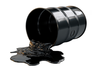black oil barrel with liquid spilling, isolated on a white background