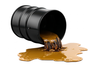 black oil barrel with liquid spilling, isolated on a white background