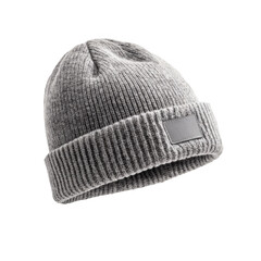 Gray knit beanie with logo patch isolated on white background