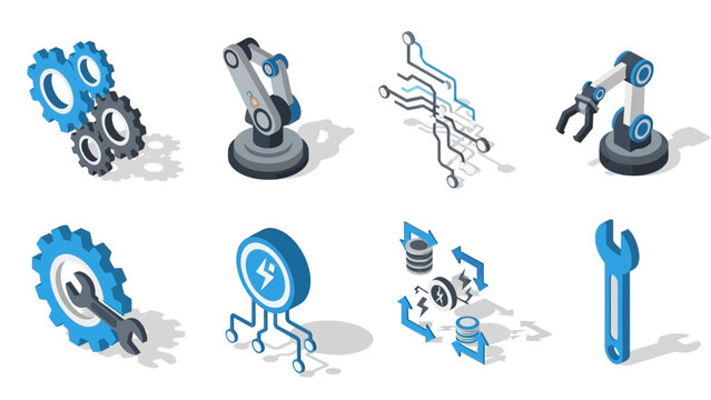 Industrial automation icons featuring robotics and mechanical elements