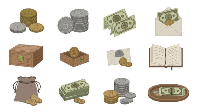Variety of money and coin symbols in flat style for financial themes