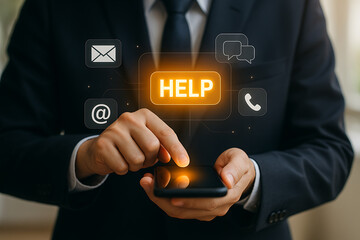 Customer support communication technology with businessman using smartphone for email chat call and digital help solutions