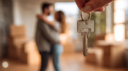 A closeup of a hand holding a key to a new home, with a smiling couple hugging in the background surrounded by moving boxes.