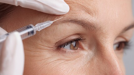 Closeup of mature woman receiving anti-wrinkle injection in forehead area during cosmetic procedure