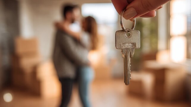A closeup of a hand holding a key to a new home, with a smiling couple hugging in the background surrounded by moving boxes.