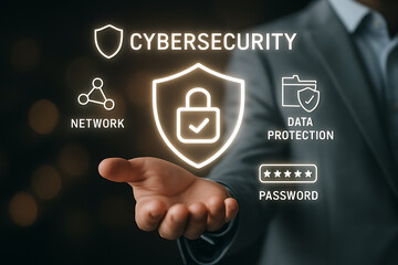 Cybersecurity network defense with businessman holding shield icon symbolizing data protection privacy encryption and password safety