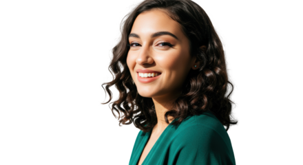 Smiling young woman with curly hair for business and marketing use, Isolated On Transparent Background