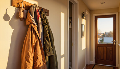 Fototapeta premium Neatly hung winter jackets with scarf in home hallway, cozy arrival