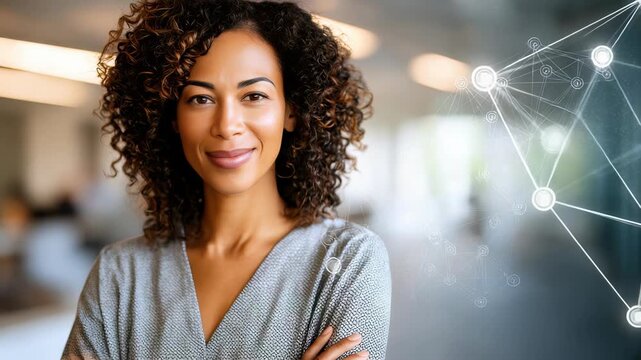 Portrait successful businesswoman in contemporary workspace, symbolizing empowerment, diversity. She radiates confidence, ambition, inspiring progress, forward thinking in workplace