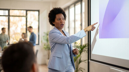Confident mid adult black businesswoman giving a presentation, pointing at projector screen during a meeting