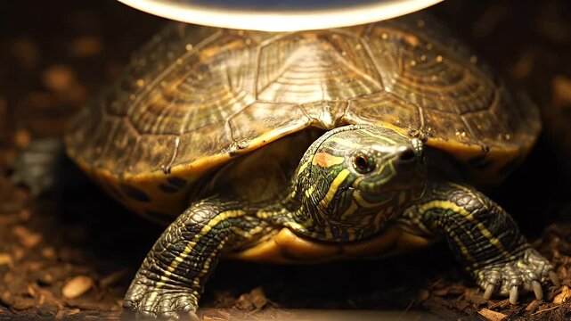 Close-up of a turtle under a bright light in a dark environment.