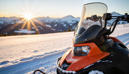 Snowmobile in snowy mountain pass at sunset, adventure and serenity