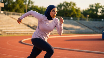 Obraz premium Muslim athlete woman in hijab running on a stadium track