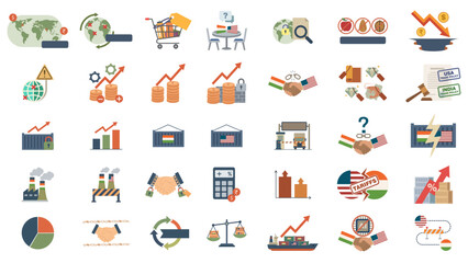 Obraz premium India-US Trade Tariffs Icons – Flags, Handshake, Containers, Graphs, Duties & Barriers