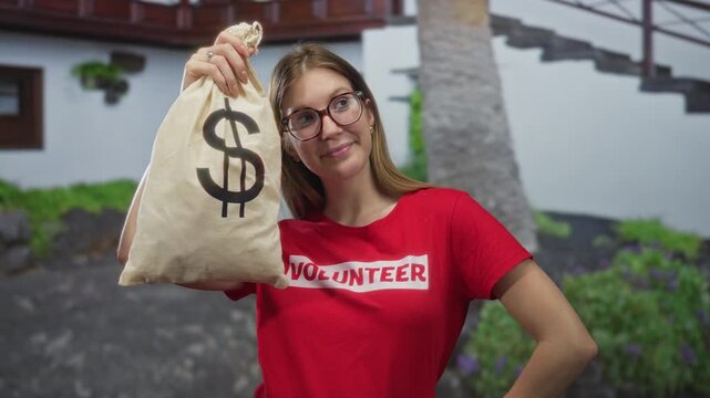 Woman volunteer smiling while holding moneybag by sunlit building entrance outdoors; charity generosity optimism.