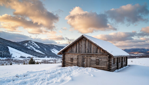 Rustic wooden sheepfold in snow-covered valley, winter tranquility