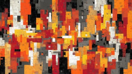 Abstract Cityscape: A dynamic composition of vibrant rectangular shapes, forming an abstract cityscape with a spectrum of warm tones evoking the energy and complexity of urban life.
