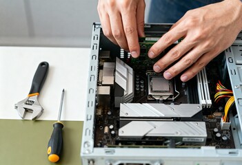 A technician's hands installing a RAM module on a computer motherboard. PC hardware upgrade and repair service. Building a custom desktop computer