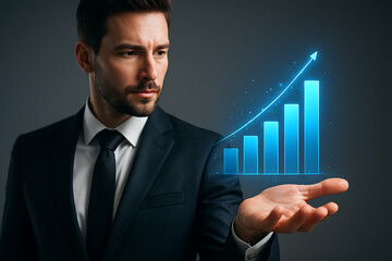 Financial growth and business success concept with confident businessman holding digital upward bar chart profit visualization
