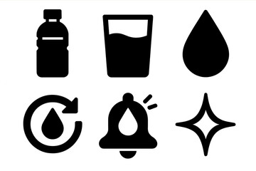 Brutalist Hydration Icons. Daily hydration icon set in silhouette bold style. Contain water bottle, glass of water, water droplet, refill icon, hydration reminder, freshness spark