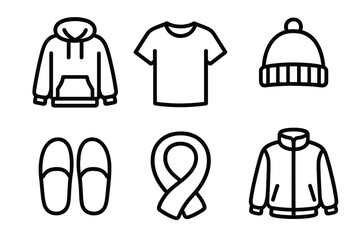 Cozy Attire Icons. Casual Comfort attire set in outline vector style: hoodie shape, soft tee, slippers, knit hat, scarf loop, cozy jacket