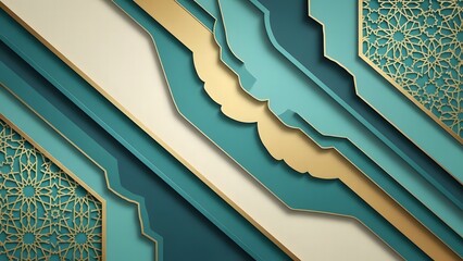 Abstract Ramadan background with modern Islamic geometric patterns, clean lines and layered shapes, teal, turquoise, and gold color palette