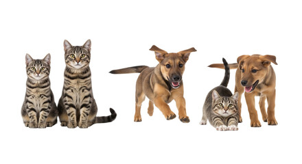 Naklejka premium Cats and dogs, playful pets, isolated on transparent background