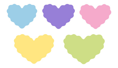 set of soft pastel heart shapes with wavy edges in pink turquoise yellow blue and purple for cute romantic design projects, vector, sticker