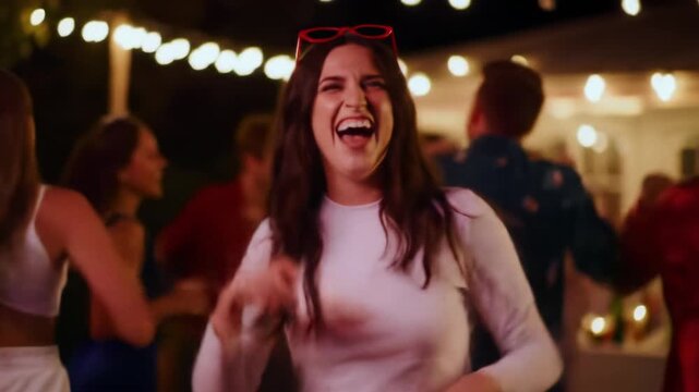 A vibrant medium video of a young caucasian woman with dark hair, red sunglasses, white top, dancing joyfully at an outdoor evening party with blurred bokeh, string lights & red/magenta lighting.