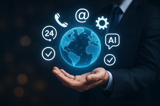 Futuristic global technology concept with AI customer support icons international communication and digital services innovation - Powered by Adobe