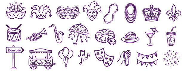 Obraz na płótnie Canvas Mardi Gras icons, doodle set with masks, beads, instruments, and king cake for carnival celebrations and party themes